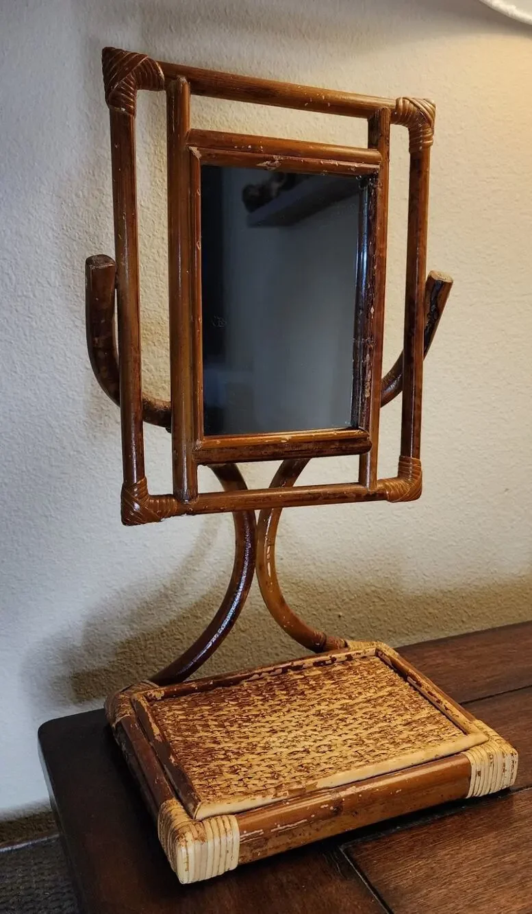 Vintage Rattan Bamboo Tabletop Adjustable Pedestal Mirror Vanity Boho Decor MCM